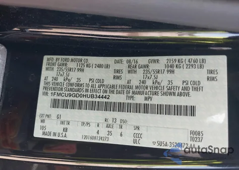 2017 Ford Escape Se z USA, uszkodzony, nr VIN 1FMCU9GD0HUB34442